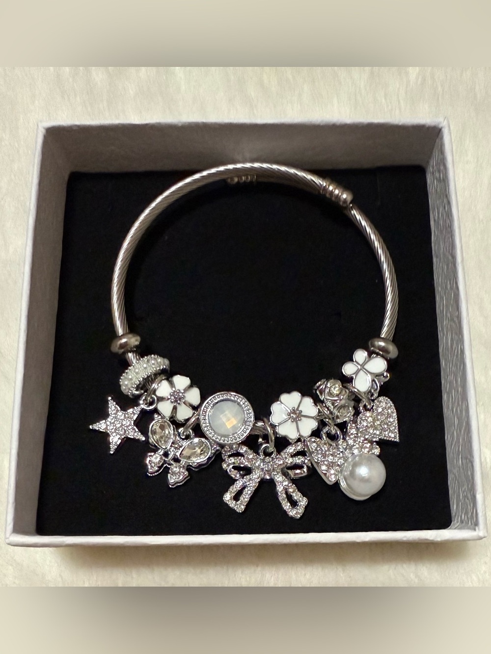Stainless Steel White Flower & Bow Charm Bracelet in Silver-tone